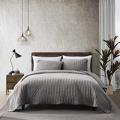  Premium Heavy Velvet Quilt Set With Cotton Backing, King, Charcoal