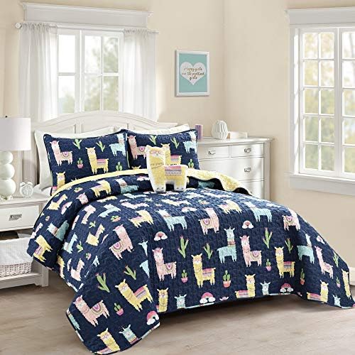  Make A Wish Southwest Llama Cactus White & Blush Reversible Print 4 Piece Quilt Set, Full Queen