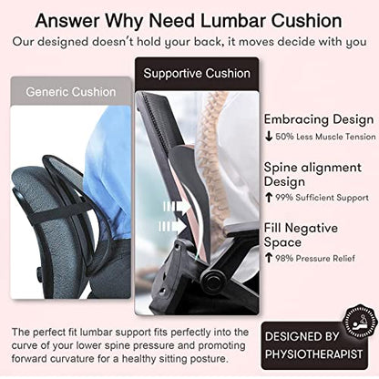 Lumbar Support Pillow For Office Chair Back Cushion - Improve Posture While Sitting For Back Pain Relief - Memory Foam Cushion Design For Computer, Desk, Car, Gaming, Couch, Recliner With Mesh Cover