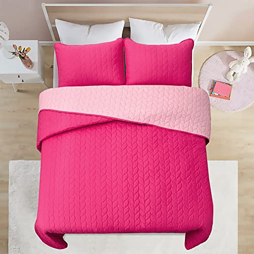  HIG 3 Piece Minimal Style Oversized Bedspread Set Queen, Hot Pink Reversible Stitch Quilted Coverlet Set With Leaf Pattern, Feminine Solid Quilt Set For Bedroom, Microfiber, 100" X 106" (Milano)