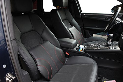  Au-kee Lumbar Support For Car, Genuine Leather Memory Foam Pillow Lower Back Cushion For Office Chair With Adjustable Strap (Black)