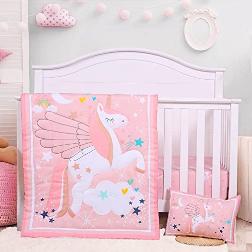  UOMNY Crib Bedding Set For Girls - Pink Baby Nursery Bedding Sets 3 Pieces Crib Quilt Comforter Fitted Crib Sheet Toddler Pillowcase Soft Star Baby Bedding Set