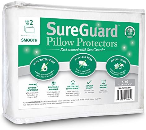  Of 2 Standard Size SureGuard Pillow Protectors - 100% Waterproof, Bed Bug Proof, Hypoallergenic - Premium Zippered Cotton Terry Covers