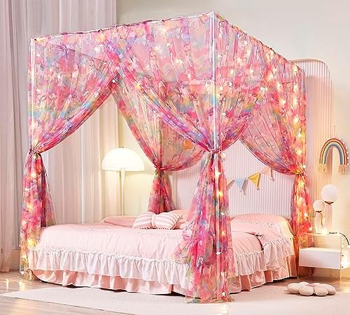  Mengersi Rainbow Canopy Bed Curtains With Lights - Princess Bed Canopy For Girls - Bed Drapes Netting- Bedroom Decoration Accessories,Twin