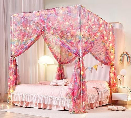  Mengersi Rainbow Canopy Bed Curtains With Lights - Princess Bed Canopy For Girls - Bed Drapes Netting- Bedroom Decoration Accessories,Twin