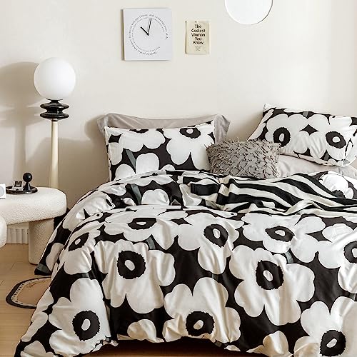  YuHeGuoJi White Floral Duvet Cover King 100% Cotton Black Flower Duvet Cover 3 Pcs Set 1 Plant Blossom Patterned Duvet Cover With Zipper Ties 2 Pillowcases Farmhouse Cartoon Botanical Bedding Set