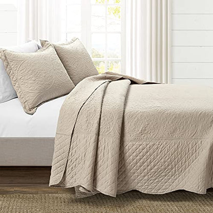  Medallion Scallop 5 Piece Bedspread Set, Queen, Neutral
