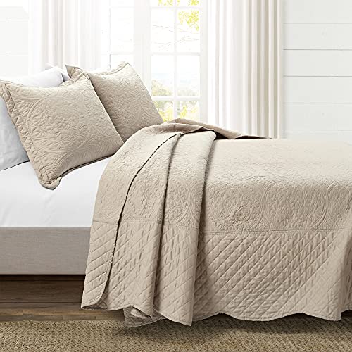  Medallion Scallop 5 Piece Bedspread Set, Queen, Neutral