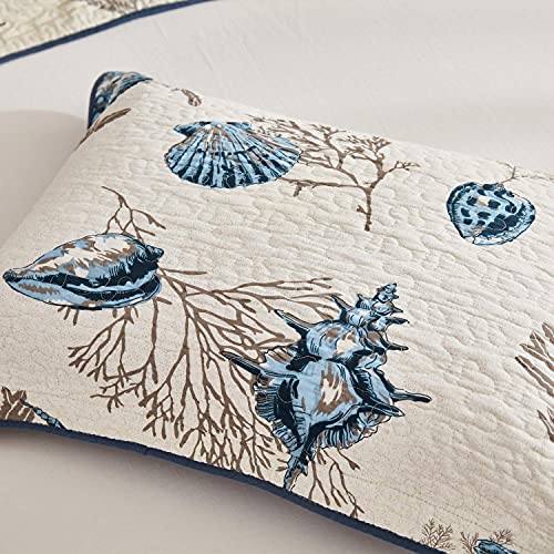  Quilted Pillow Shams King Size Set Of 2 Cotton Coastal Beach Decorative Pillow Covers Navy Blue Nautical Seashells Bedroom Decor