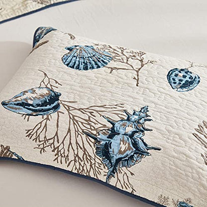  Quilted Pillow Shams King Size Set Of 2 Cotton Coastal Beach Decorative Pillow Covers Navy Blue Nautical Seashells Bedroom Decor
