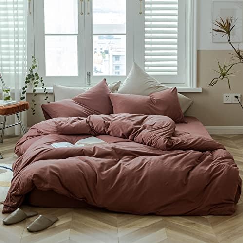  DONEUS Brick Red Duvet Cover Queen Size, 100% Jersey Knit Duvet Cover Set Solid Red Bedding Set Luxury Soft Comforter Cover 3 Pieces With Zipper Closure, 1 Duvet Cover 90x90 Inches And 2 Pillow Cases