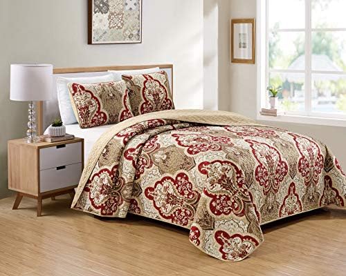  Better Home Style 3 Piece Luxury Lush Soft Blue Taupe Motif Ornamental Floral Printed Design Quilt Coverlet Bedspread Oversized Bed Cover Set # Amanda (Blue, King/Cal-King)