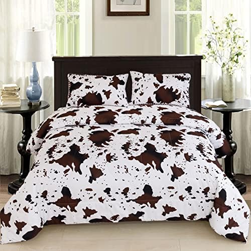  PERFEMET Cow Print Comforter Set Queen Size, Highland Cowhide Rustic Farmhouse Bedding Set, Western Farm Animal Fur Pattern Cowboy Duvet Set, (Brown White)