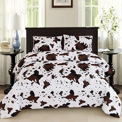  PERFEMET Cow Print Comforter Set Queen Size, Highland Cowhide Rustic Farmhouse Bedding Set, Western Farm Animal Fur Pattern Cowboy Duvet Set, (Brown White)