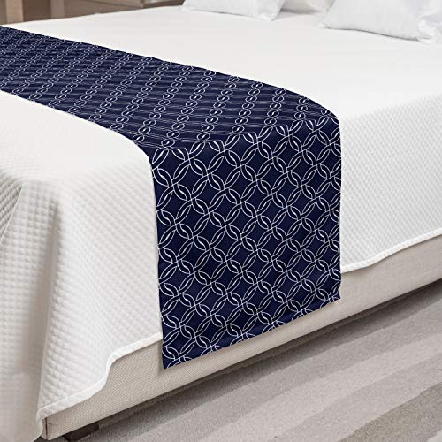  Ambesonne Navy Blue Bed Runner, Abstract Geometric Entangled Circles Ring Shapes Round Marine Sea Motif, Decorative Accent Bedding Scarf For Hotels Homes And Guestrooms, Navy Blue White