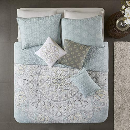  100% Cotton Quilt - Luxury Stitching Design, All Season, Breathable Coverlet Bedspread Bedding, Shams, Decorative Pillow, King/Cal King(104"x92"), Seafoam 6 Piece