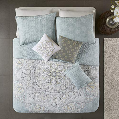  100% Cotton Quilt - Luxury Stitching Design, All Season, Breathable Coverlet Bedspread Bedding, Shams, Decorative Pillow, King/Cal King(104"x92"), Seafoam 6 Piece