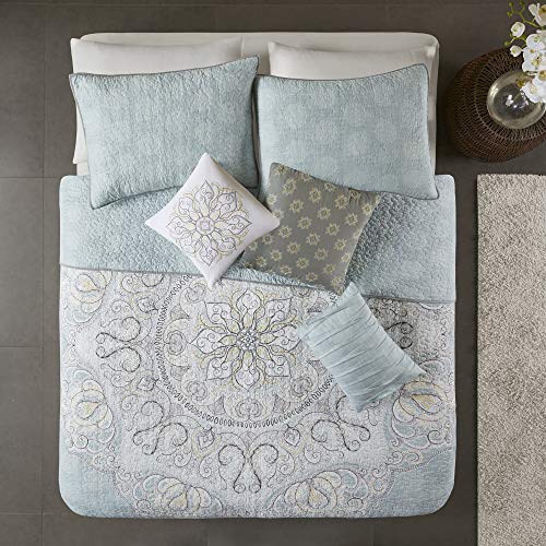  100% Cotton Quilt - Luxury Stitching Design, All Season, Breathable Coverlet Bedspread Bedding, Shams, Decorative Pillow, King/Cal King(104"x92"), Seafoam 6 Piece