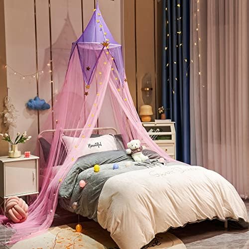  Bed Canopy With Stars And Crown, 7 Doors Mosquito Net Bed Canopy For Girls, Princess Canopy For Girls Bed Room Decor, Encrypted Fabric, Purple