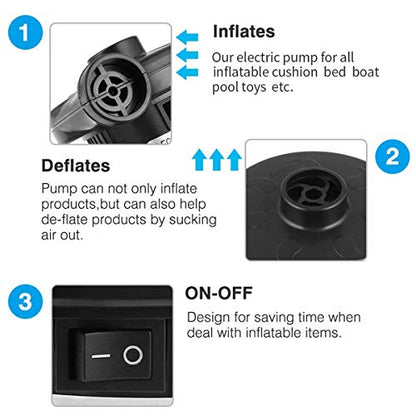  Lectric Air Pump - Air Mattress Pump For Inflatable Couch, Bed, Blow Up Pool Float Raft Boat Toy, Camping Swimming, Portable Quick-Fill Inflator/Deflator Pumps With 4 Nozzles , AC 110-120 Volt Black