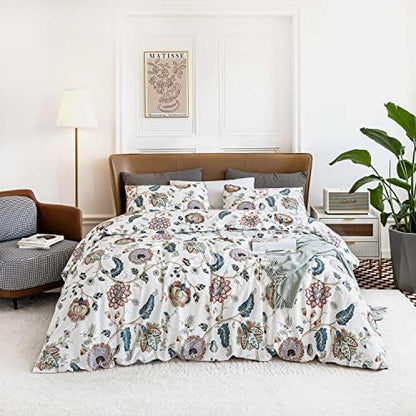  SUSYBAO Vintage Floral Duvet Cover King 100% Egyptian Cotton Garden Botanical Duvet Cover 3 Pieces Set 1 White Flower Duvet Cover With Zipper Ties 2 Pillowcases Luxury Ultra Soft Retro Plant Bedding