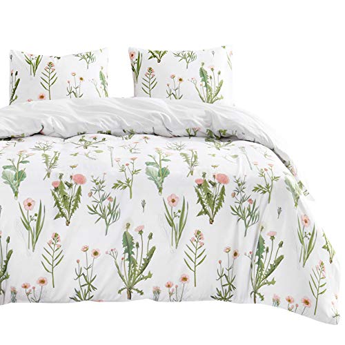  Wake In Cloud - Botanical Comforter Set, Cottagecore Pink Dandelion Flowers And Green Leaves Floral Garden Pattern Printed On White, Soft Microfiber Bedding (3pcs, Queen Size)