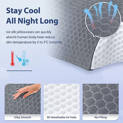  HOMCA Cervical Pillow - Ergonomic Memory Foam Pillow For Neck And Shoulder Pain Relief With Cooling Ice Silk Pillowcase, Orthopedic Neck Bed Pillow For Side, Back And Stomach Sleepers