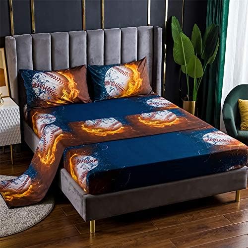  Bed Sheet 3 Piece Set 1 Flat+1 Fitted+1 Pillowcases-3D Sports Basketball Microfiber Bedding Sheet-Twin Size