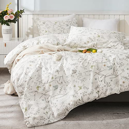  White Botanical Floral Duvet Cover Set King Size 100% Cotton Plants Flower Blossom Printed Comforter Cover Modern Rustic Flower Comforter Quilt Cover With Zipper And Closure 3 Pieces Bed Set