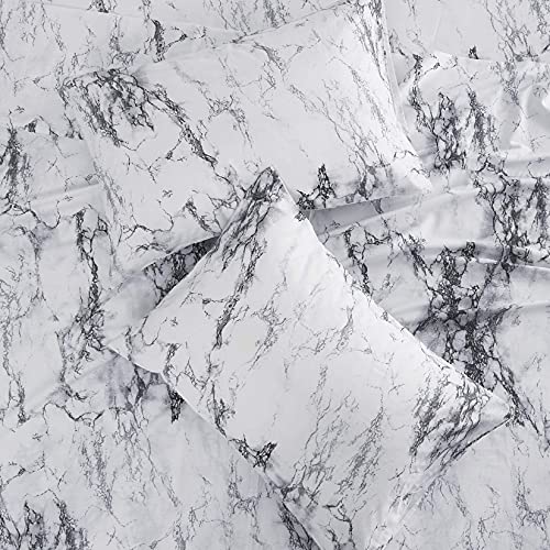  - Marble Sheet Set, Black White And Gray Grey Modern Pattern Printed, Soft Microfiber Bedding (4pcs, Queen Size)
