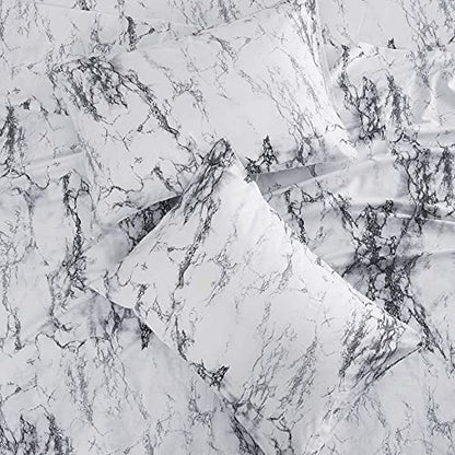  - Marble Sheet Set, Black White And Gray Grey Modern Pattern Printed, Soft Microfiber Bedding (4pcs, Queen Size)