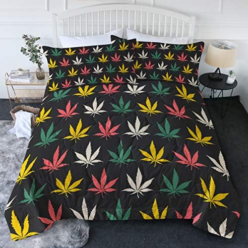  BlessLiving Fall Color Leaf Comforter Set Queen Set 3 Piece Maple Bedding Sets With Orange Comforter Autumn Leaves Bedspread 3D Nature Art Quilted Set, Soft Lightweight Full/Queen Bed Set