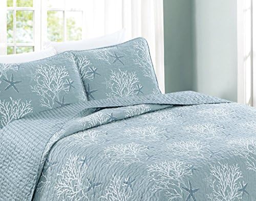  Great Bay Home 2-Piece Twin Reversible Lightweight Nautical Quilt Comforter With 1 Sham | All-Season, Beach Bedspreads | Blue Coastal Coverlet Sets | Casco Bay Quilts Collection