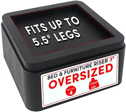  DEDU Oversized Bed Risers Heavy Duty Stackable 4 Pack, Furniture Risers For Sofas 3 Inch Or 6 Inch Supports Up To 11000 Lbs, Square Bed Raising Blocks Fits 5.5 Inch Wide Desk Or Couch (Black)