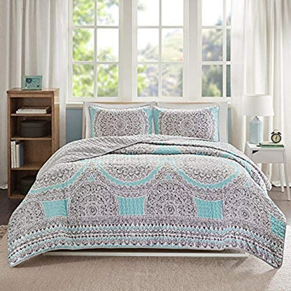  Reversible Quilt Set - Vermicelli Stitching Bohemian Design, All Season, Lightweight, Coverlet Bedspread Bedding, Shams, Twin/Twin XL(66"x90") Adele Aqua Medallion 2 Piece