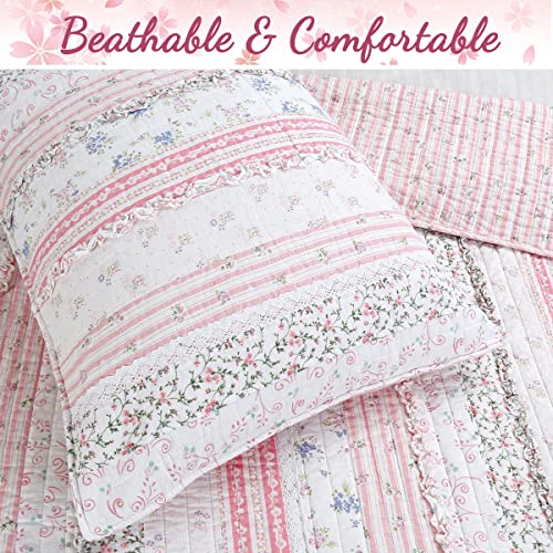  Cozy Line Home Fashions Pink Flower Lace Ruffle Stripe Shabby Chic Girl 100% Cotton Reversible Quilt Bedding Set, Coverlet, Bedspread (Pink Lace, Twin - 2 Piece: 1 Quilt + 1 Sham)