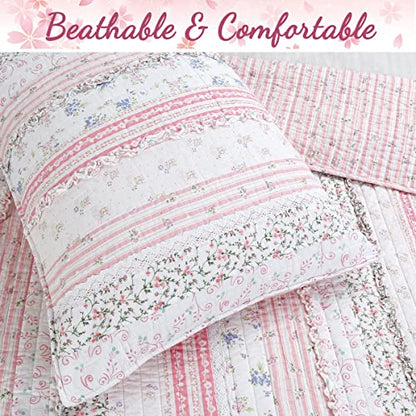  Cozy Line Home Fashions Pink Flower Lace Ruffle Stripe Shabby Chic Girl 100% Cotton Reversible Quilt Bedding Set, Coverlet, Bedspread (Pink Lace, Twin - 2 Piece: 1 Quilt + 1 Sham)