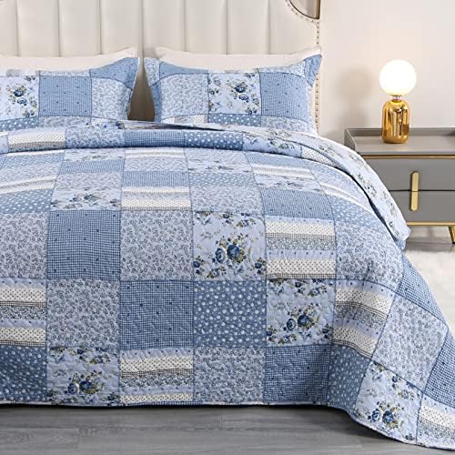  ENJOHOS Quilts Queen Size Queen Quilt Set Grey Quilt Bedspread Reversible Patchwork Floral Coverlet Set, Lightweight Country Quilts Bedding Set With 2 Pillow Shams（Grey Flower Plaid2）