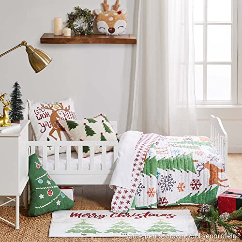  Levtex Home Merry & Bright Collection - Tinsel Toddler Set - Reindeer - Brown, Green, Red,Teal - Holiday - 3 Piece Set Includes Reversible Quilt, Fitted Sheet, Decorative Pilow