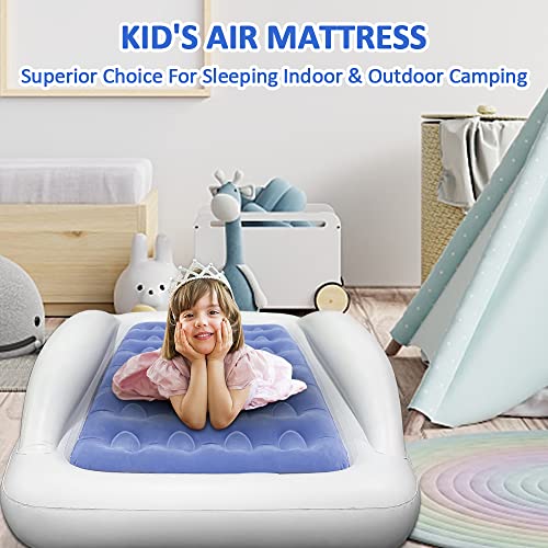  Inflatable Toddler Travel Bed - Portable Toddler Bed For Kids, Camping Air Mattress Blow Up Toddler Bed With Sides, Air Bed Idea For Sleeping Indoor Road Trip Camping Sleepovers(Blue)