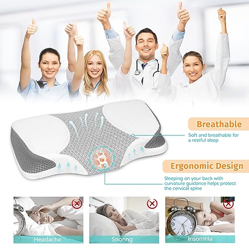  PouHenier.jh Cervical Pillow For Neck Shoulder Pain Relief Sleeping, Ergonomic Contour Memory Foam Pillows, Orthopedic Contoured Support Pillow For Side, Back, Stomach Sleepers(Queen Size, Soft)