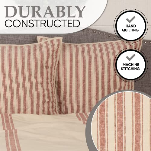  Market Place Red Queen Quilt, 100% Cotton Quilted Bedspread With Red Ticking, Hand Quilted Grain Sack Bed Spread Bedding For Boho, Shabby Chic And Rustic Farmhouse Decor (90”x90”)