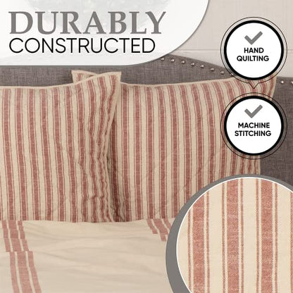  Market Place Red Queen Quilt, 100% Cotton Quilted Bedspread With Red Ticking, Hand Quilted Grain Sack Bed Spread Bedding For Boho, Shabby Chic And Rustic Farmhouse Decor (90”x90”)