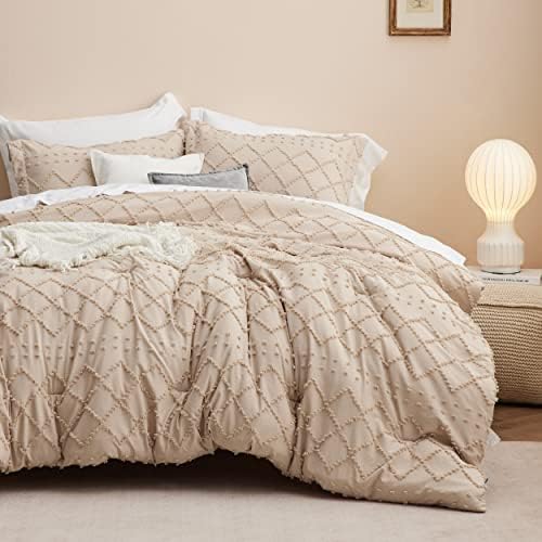  Bedsure Boho Comforter Set Queen - White Tufted Shabby Chic Bedding Comforter Set For All Seasons, 3 Pieces Western Comforter Farmhouse Modern Embroidery Bed Set For Women Men Girls