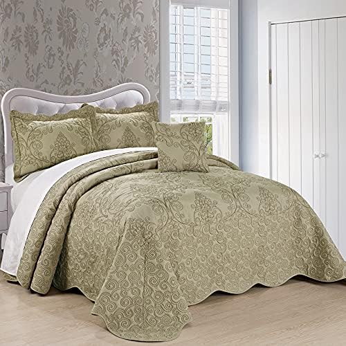  Home Soft Things Damask 4 Piece Bedspread Set,Scalloped Edge Reversible Quilt Coverlet Comforter Prewashed Bedding Set, Matelasse Embossed Floral Solid Pattern,Lavender Fog Oversize King(120" X 120")