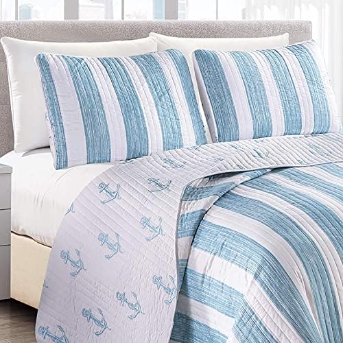  Great Bay Home 2-Piece Twin Reversible Lightweight Nautical Quilt Comforter With 1 Sham | All-Season, Beach Bedspreads | Blue Coastal Coverlet Sets | Casco Bay Quilts Collection