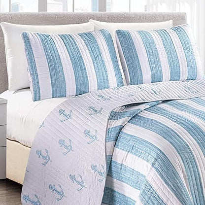  Great Bay Home 2-Piece Twin Reversible Lightweight Nautical Quilt Comforter With 1 Sham | All-Season, Beach Bedspreads | Blue Coastal Coverlet Sets | Casco Bay Quilts Collection