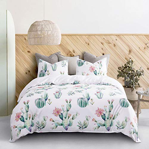  Wake In Cloud - Cactus Comforter Set, Watercolor Cacti Pattern Printed In Green Purple On White, Soft Microfiber Bedding (3pcs, Queen Size)