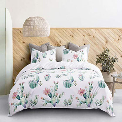  Wake In Cloud - Cactus Comforter Set, Watercolor Cacti Pattern Printed In Green Purple On White, Soft Microfiber Bedding (3pcs, Queen Size)