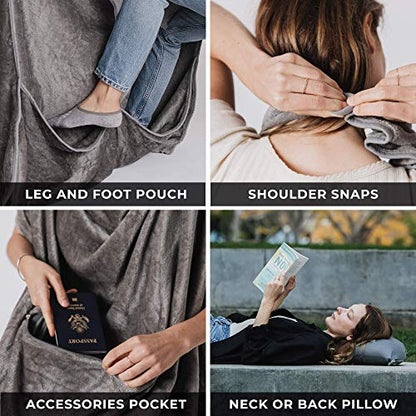  Premium Lightweight Wearable Super Soft Travel Blanket With Neck Snaps, Cozy Footpockets And Zipper Pouch, Compact Airplane With Luggage Strap Travel Blanket And Pillow Set